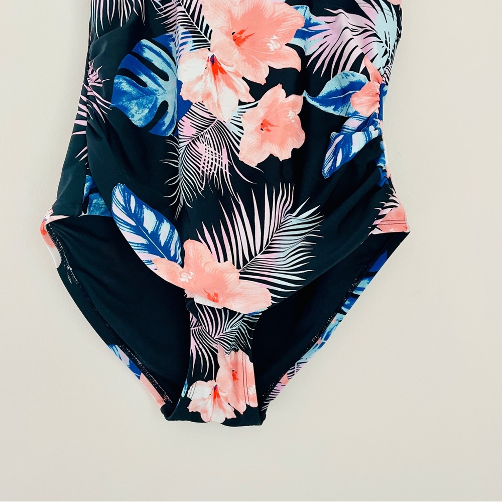 DKNY Black One-Piece Swimsuit Black Vibrant Tropical Floral Accents Large - Picture 5 of 9